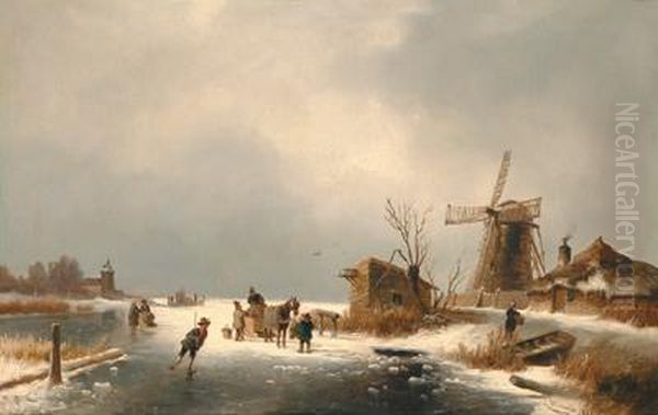 Dutch Winter Landscape With Ice Skaters Oil Painting by Josef Thoma