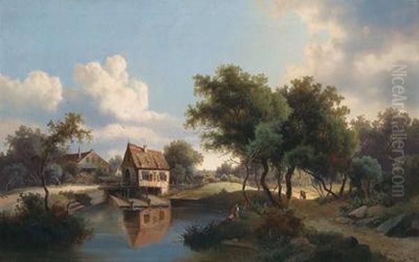 Muhle Am Wasser Mit Figurlicher Staffage Oil Painting by Josef Thoma