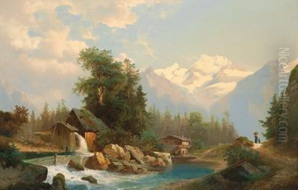 Alpen Landschaft Mit Wanderern Oil Painting by Josef Thoma