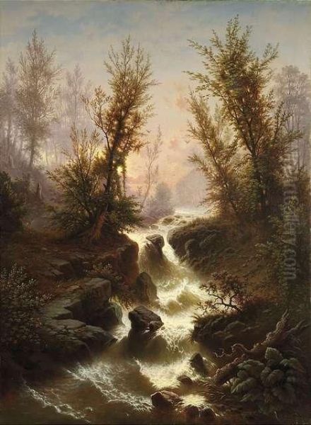 Torrential Brook Ina Wood At Sunset Oil Painting by Josef Thoma