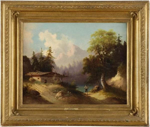 Bewaldete Seenlandschaft Mit Wanderern. Oil Painting by Josef Thoma