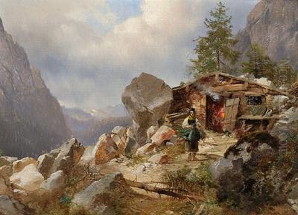 Gebirgslandschaft Mit Sennerhutte Und Figurliche Staffage Oil Painting by Josef Thoma