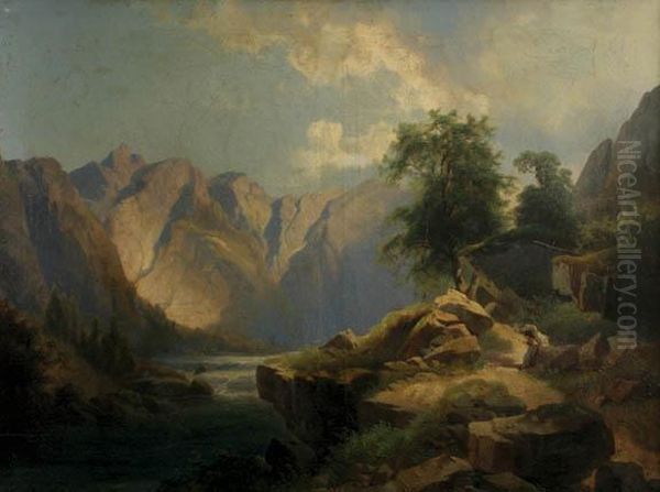 River In The Alps With Staffage Oil Painting by Josef Thoma