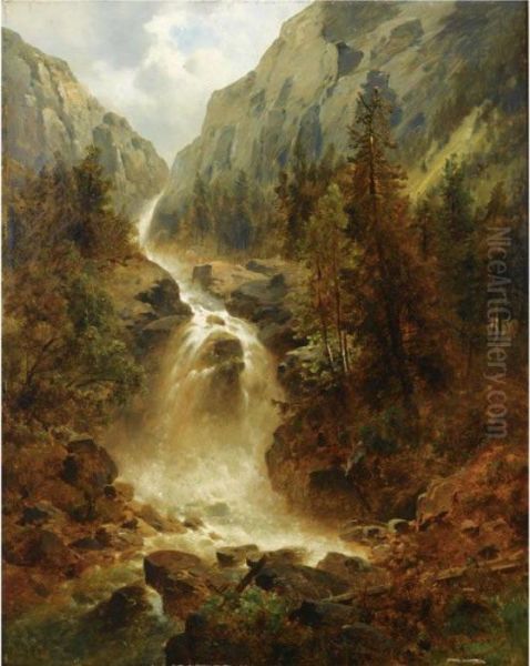 A Waterfall In An Alpine Landscape Oil Painting by Josef Thoma