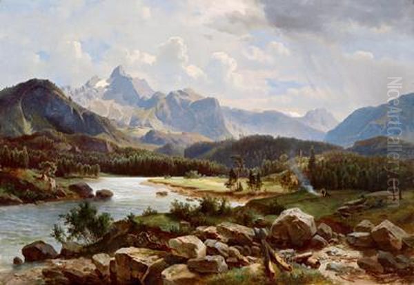 Alpenlandschaft Mit Rastenden Jagern Oil Painting by Josef Thoma