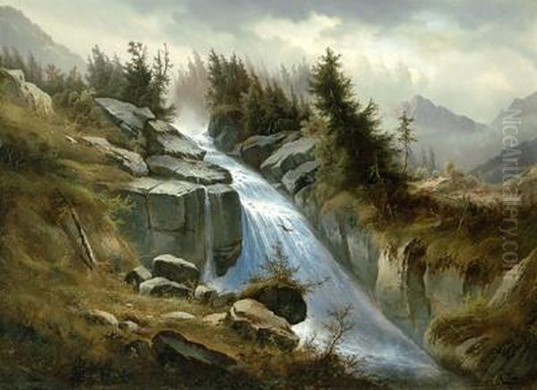 Wasserfall In Den Alpen Oil Painting by Josef Thoma