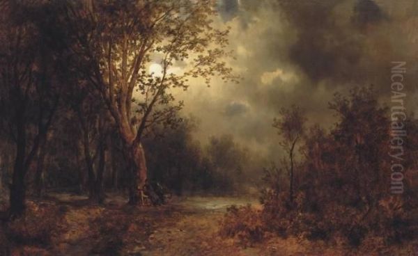 Sitting In The Moonlit Park Oil Painting by Josef Thoma