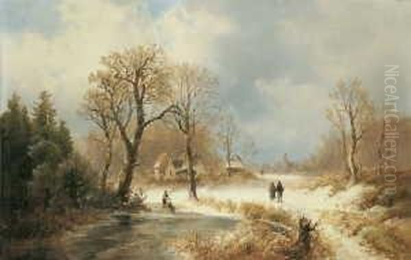 Winterliche Waldlandschaft Mit
 Bauernhausern. Oil Painting by Josef Thoma