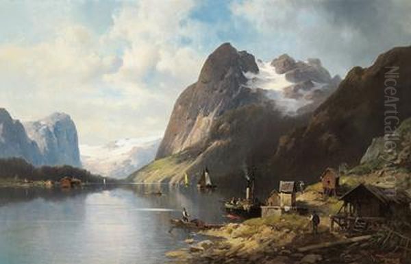 Il Fiordo Di Hardanger Con Una Nave A Vapore Ancorata Oil Painting by Josef Thoma