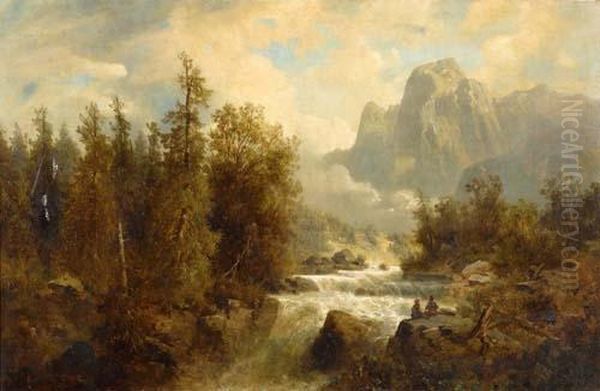 Berglandschaft Mit Wildbach. Oil Painting by Josef Thoma