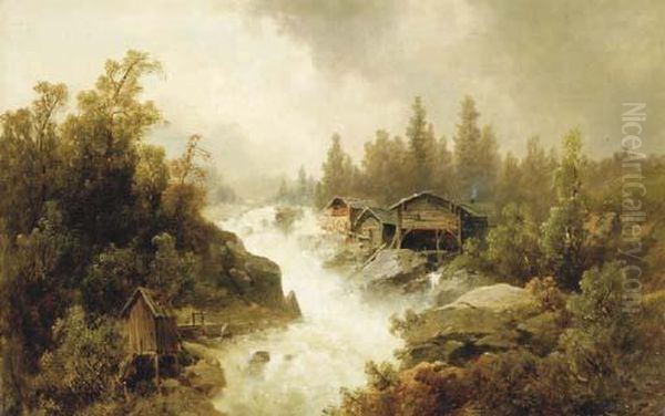 Cabins Along A River Of Rapids; And A Companion Painting Oil Painting by Josef Thoma