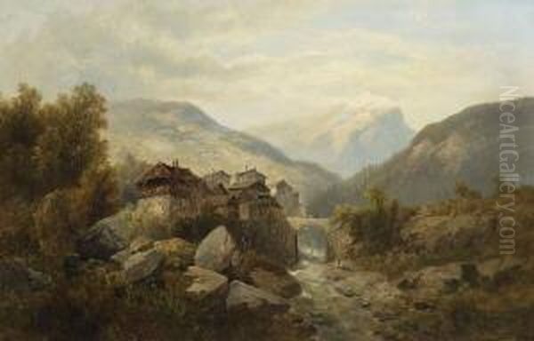 Dorf Im Gebirge. Oil Painting by Josef Thoma