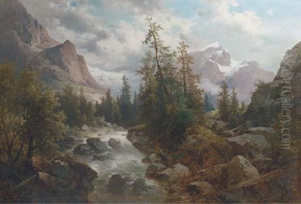 Alpine Rapids Oil Painting by Josef Thoma