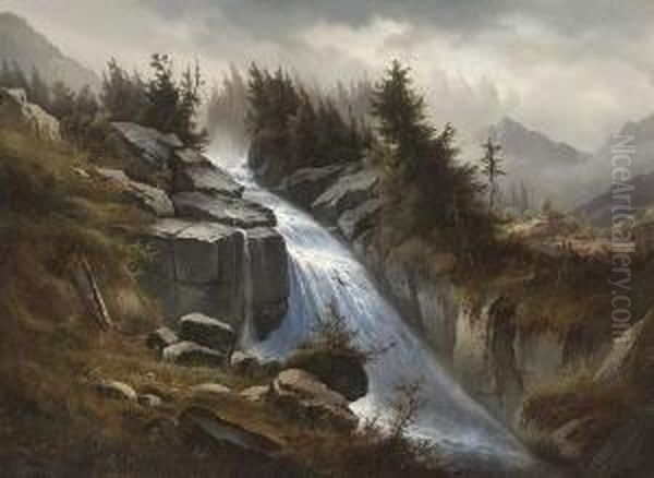 Wasserfall Im Gebirge. Oil Painting by Josef Thoma