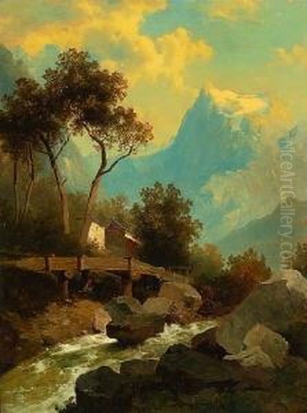 Wildbach Im Gebirgstal. Oil Painting by Josef Thoma