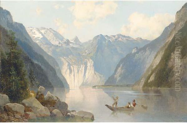 A Mountainous Swiss Lake Landscape Oil Painting by Josef Thoma