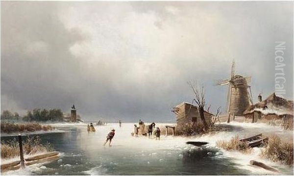 Winter Ice-skating, Signed, Oil On Canvas, 5.5 X 82 Cm.; 2 X 32 1/4 In Oil Painting by Josef Thoma