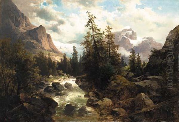 Alpine Rapids Oil Painting by Josef Thoma