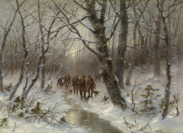 Huntersin A Winter Woodland Oil Painting by Desire Tomassin