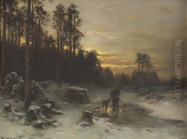 Jager Mit Hund In Winterlandschaft Oil Painting by Desire Tomassin