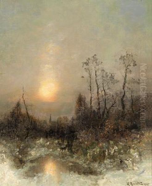 Hunter Returning Home In A Winter Landscape Oil Painting by Desire Tomassin