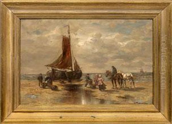 Hollandische Fischer Mit Boot Am Strand Oil Painting by Desire Tomassin