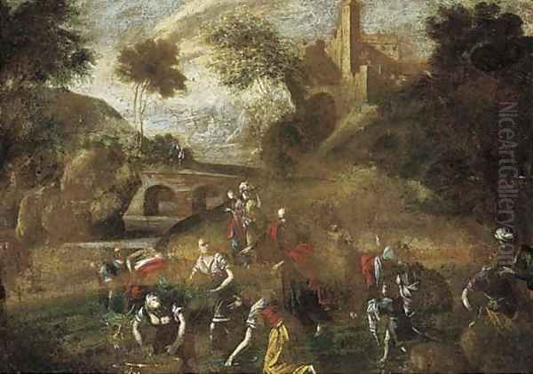 An Italianate river landscape with laundresses in the foreground Oil Painting by North-Italian School