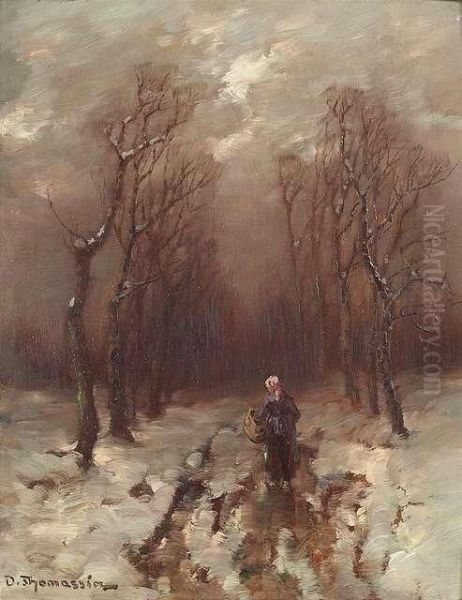 Desire . Countrywoman Walking On A Wintry Avenue. Oil/panel, Signed Oil Painting by Desire Tomassin