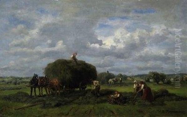 The Haycrop. Signed Bottom Right: D. Thomassin Oil Painting by Desire Tomassin