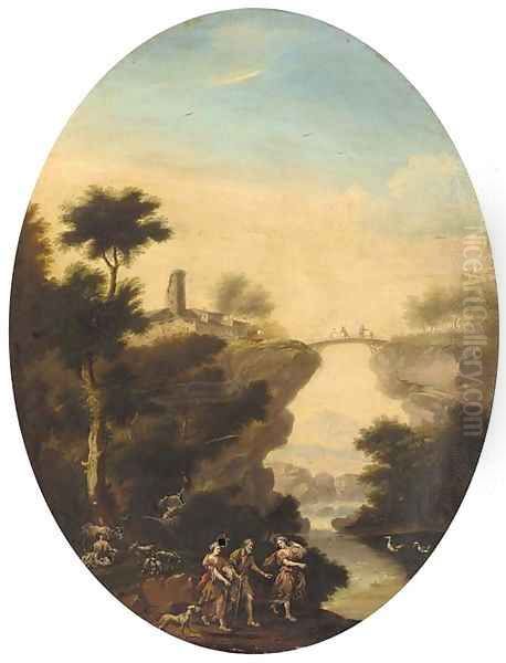 Lot and his daughters in an extensive landscape Oil Painting by North-Italian School