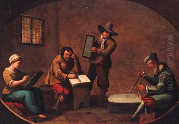 Mathematicians in an Interior Oil Painting by North-Italian School