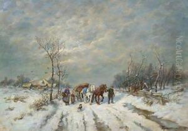 Bauernfamilie Mit Pferdefuhrwerk
 In Winterlandschaft. Oil Painting by Desire Tomassin