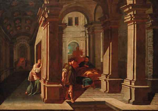 Rebecca conspiring to steal Esau's birthright Oil Painting by North-Italian School