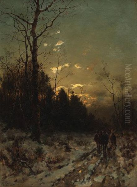 Hunters And Dogs In Winter Oil Painting by Desire Tomassin