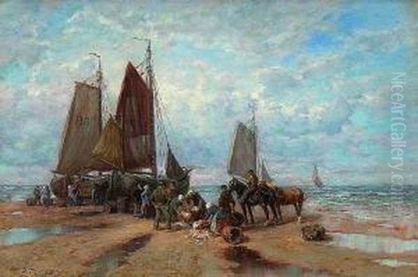 Hollandische Fischerboote Am
 Strand. Oil Painting by Desire Tomassin