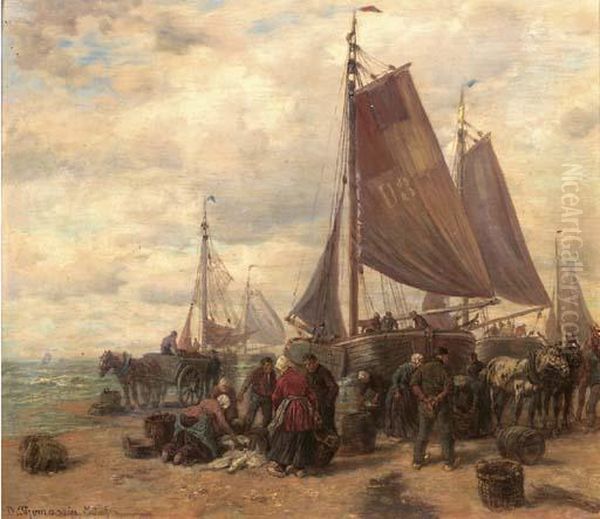 Sorting The Catch On The Beach Of Dunkirk (?) Oil Painting by Desire Tomassin