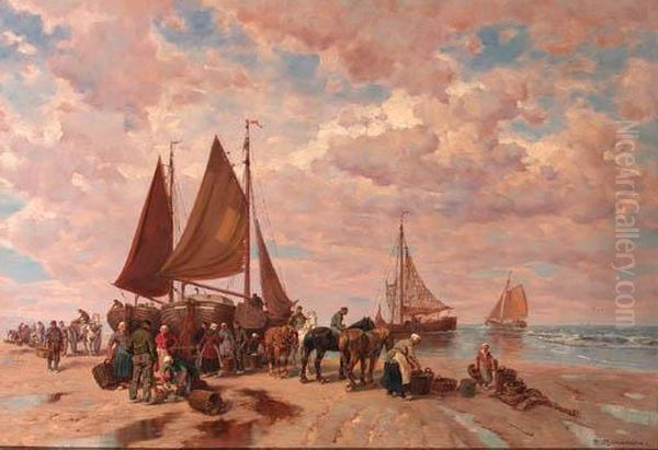 A Coastal Scene With Fisherfolk 
Sorting The Day's Catch, Beachedfishing-smacks In The Background Oil Painting by Desire Tomassin