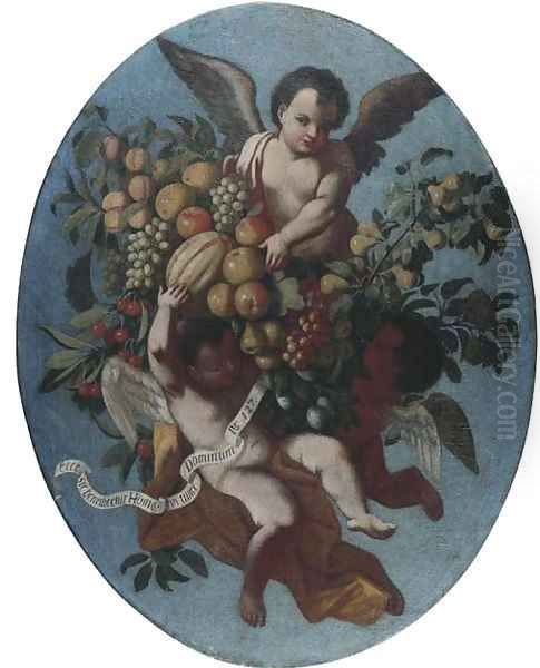 Three putti disporting with swags of fruit Oil Painting by North-Italian School