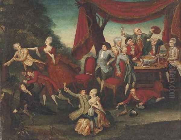 A fete galante with elegant company carousing Oil Painting by North-Italian School