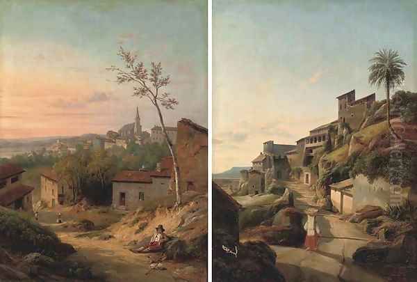 Approaching an Italian hilltown at dusk; and A boy resting at the side of a track Oil Painting by North-Italian School