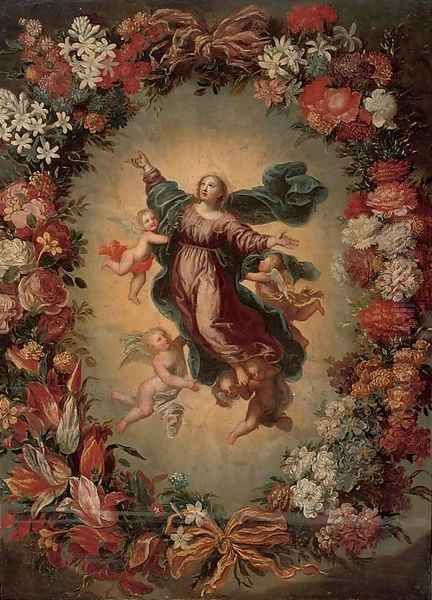 The Assumption of the Virgin, in a floral cartouche Oil Painting by North-Italian School