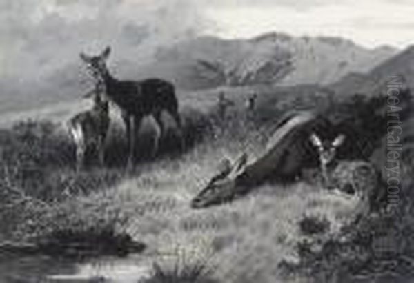 Hinds With Fawns At Rest Oil Painting by Archibald Thorburn