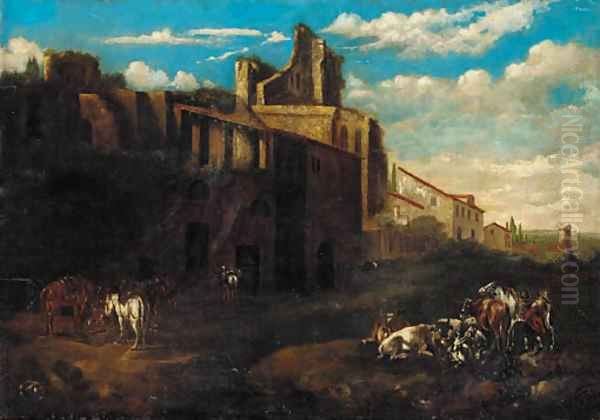 A traveller resting his livestock by a ruin Oil Painting by North-Italian School