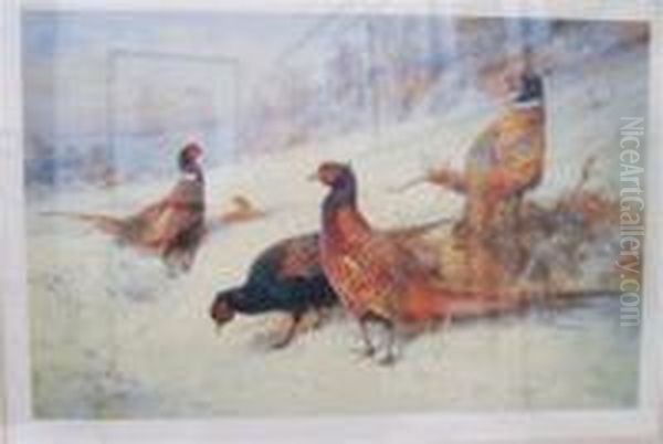 Pheasants In Snowy Landscape Oil Painting by Archibald Thorburn