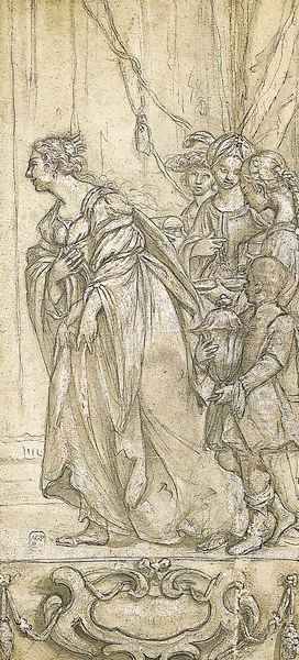 A queen and her retinue in procession to the left, above a cartouche a study for the Queen of Sheba before Solomon Oil Painting by Giovanni Andrea Sirani