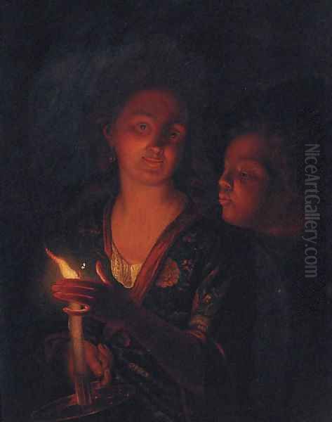 A boy blowing a candle held by a lady Oil Painting by Godfried Schalken