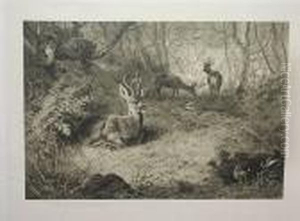 A Highland Landscape With Stags And Grouse; A Woodland Landscape With Deer Oil Painting by Archibald Thorburn