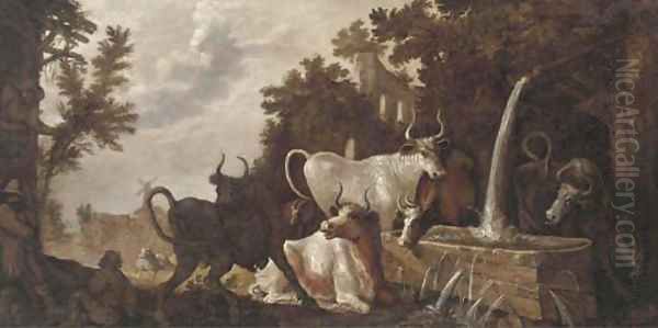 A classical wooded landscape with peasants by a cottage and cattle at a drinking trough, a village beyond Oil Painting by Roelandt Jacobsz Savery