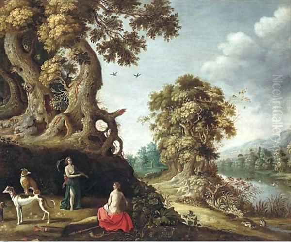 A wooded river landscape with Jupiter and Callisto Oil Painting by Roelandt Jacobsz Savery