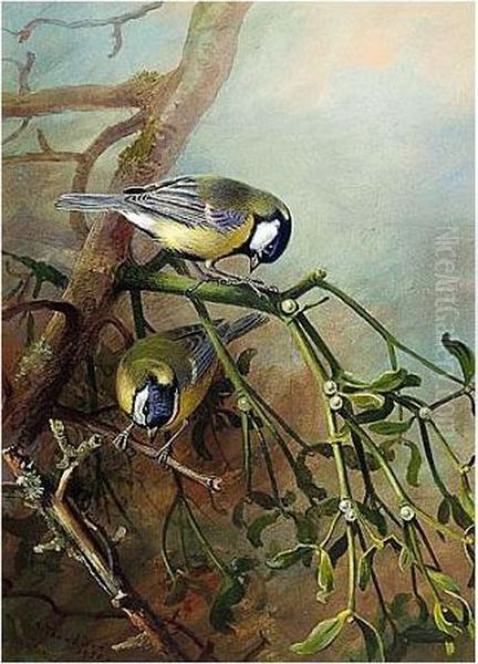 Blue Tits Oil Painting by Archibald Thorburn